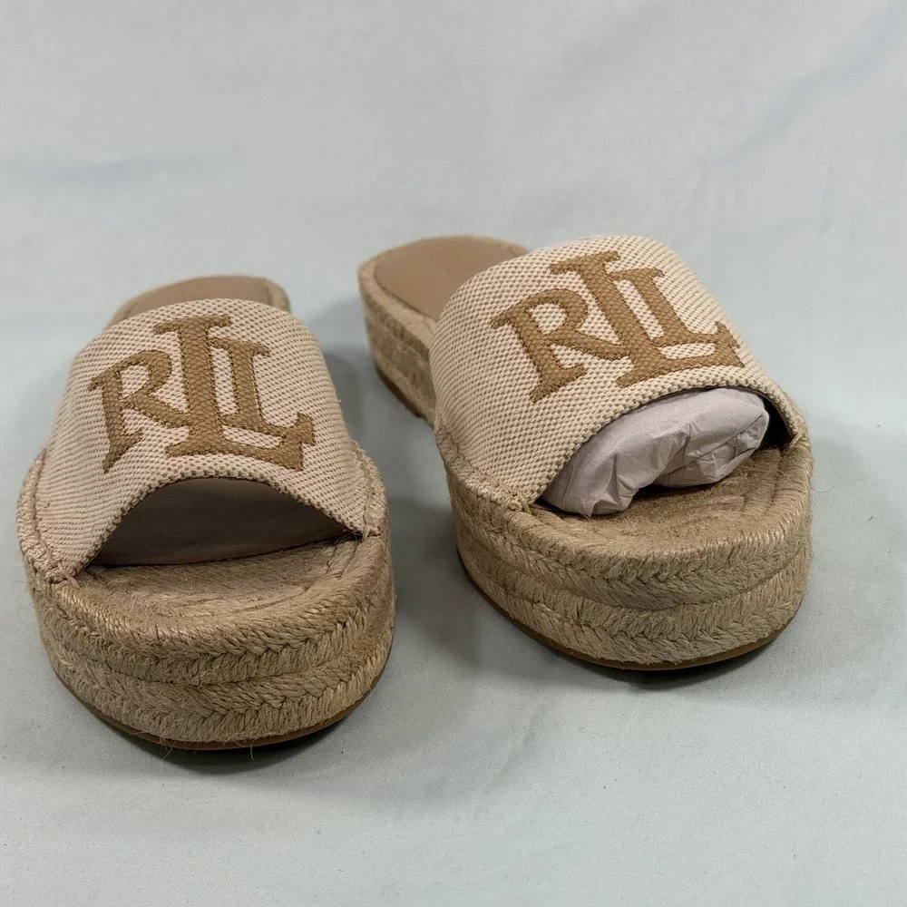 Lauren Ralph Lauren Size-8B Women's Polly Espadrille Flat Sandals Beige Denim
